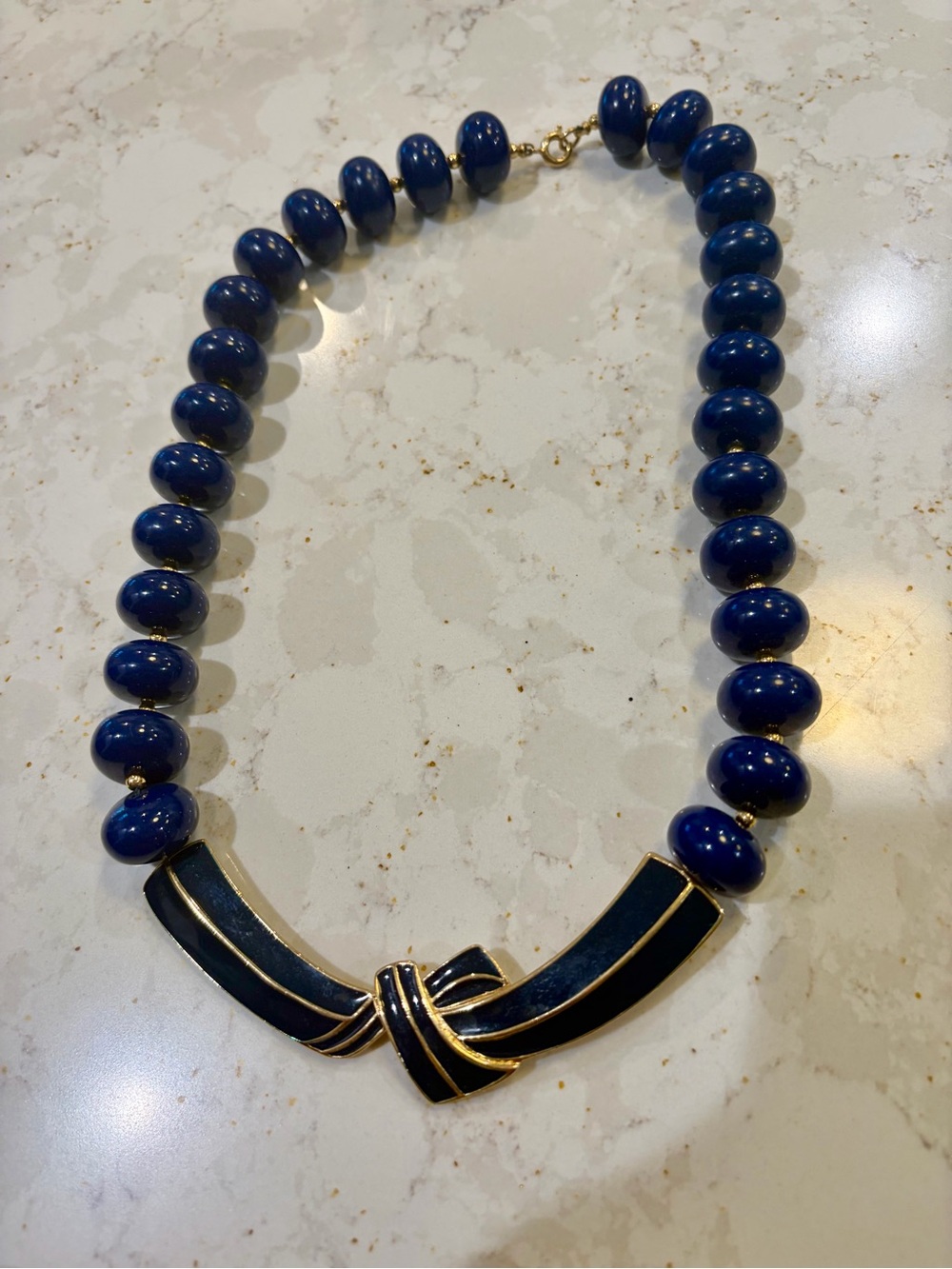 Vintage Trifari 1980s Navy Enamel Statement Ribbon Bow Beaded Necklace